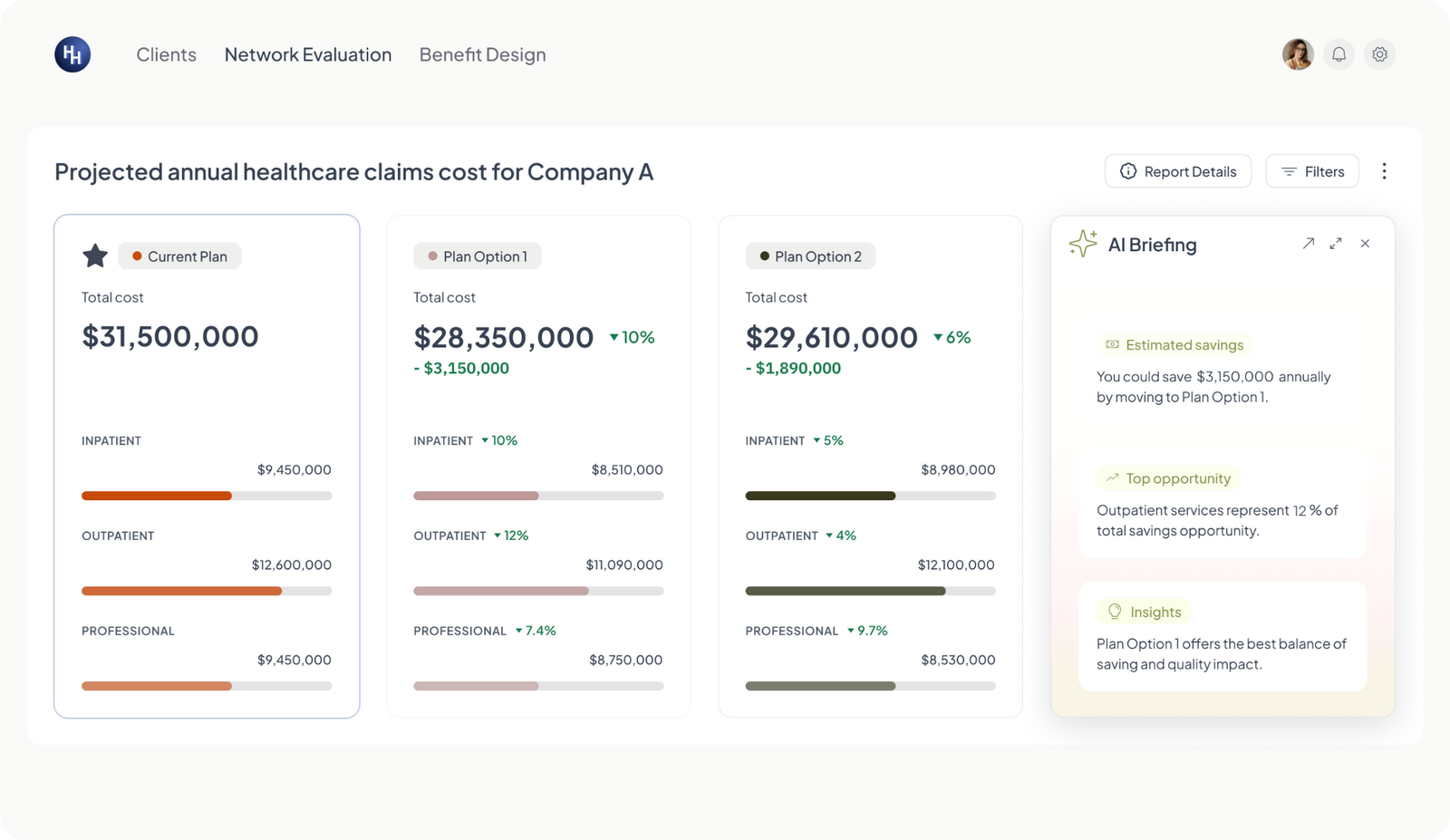 Handl Health network analytics dashboard — optimize plan performance with projected annual healthcare claims comparing current plan and plan options