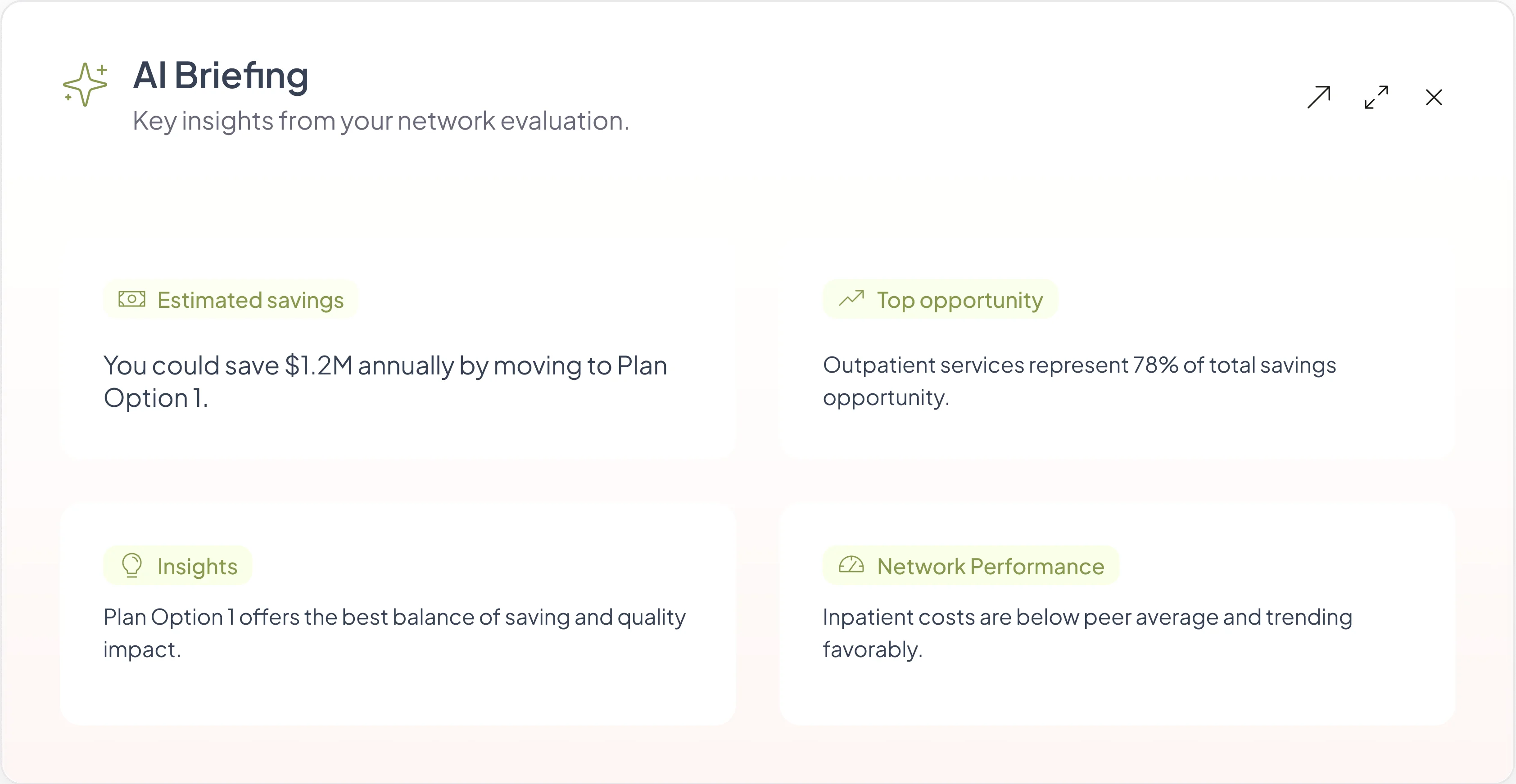 Handl Health AI Briefing — key insights from your network evaluation including estimated savings, top opportunity, and network performance